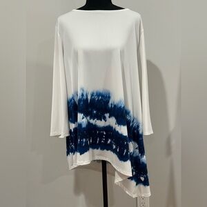 Chicos 4 (XXL) White & Navy Tie-Dye Asymmetric Tunic 550